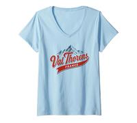 Mujer Val Thorens Francia Estación de esquí Montaña Retro Gráfico Camiseta Cuello V