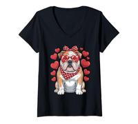Mujer Valentine Bulldog Cute Heart Glasses Dog Love for Dog Lovers Camiseta Cuello V
