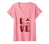Mujer Valentine Gnomo sosteniendo un corazón Rojo búfalo a Cuadros Camiseta Cuello V