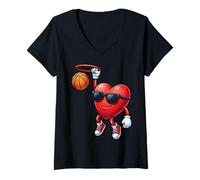 Mujer Valentines Basketball Heart Playing Basketball Boys Kids Camiseta Cuello V