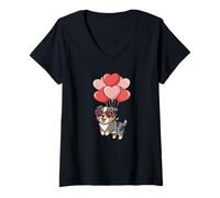 Mujer Valentines Day Heart Balloons Blue Merle Australian Shepherd Camiseta Cuello V