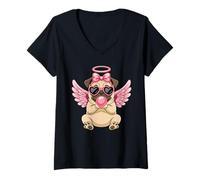 Mujer Valentine's Day Pug Cupid with Angel Camiseta Cuello V