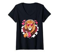 Mujer Valentines Lion with Chocolate Hearts Romantic Camiseta Cuello V