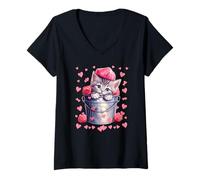 Mujer Valentines Love Cats Graphic For Cat Mom Cute Heart Pattern Camiseta Cuello V