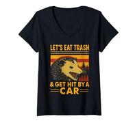 Mujer Vamos a Comer Basura ser golpeado por un Coche Divertido zarigüeya Vintage Retro Camiseta Cuello V