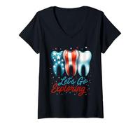 Mujer ¡Vamos a explorar! Dentista Aventura Dientes del 4 de julio Camiseta Cuello V
