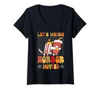 Mujer Vamos a Ver películas de Terror Halloween Funny Ghost Skeleton Camiseta Cuello V