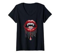 Mujer Vampire Lips Fangs LGBTQ Pride Rainbow Heart Halloween Camiseta Cuello V
