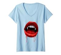 Mujer Vampiro Colmillos Dientes Labios Rojos Espeluznante Disfraz de Halloween Camiseta Cuello V
