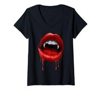 Mujer Vampiro Colmillos Dientes Labios Rojos Espeluznante Disfraz de Halloween Camiseta Cuello V