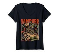 Mujer Vampurr Bites Again! Funny Cat Halloween Vintage Graphic Camiseta Cuello V
