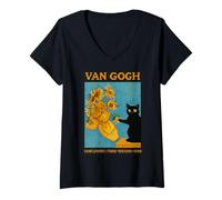 Mujer Van Gogh Black Cat With Sunflowers Starry Night Funny Cat Camiseta Cuello V