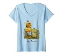 Mujer Van Gogh Funny Art Teacher Juego de Palabras Lindo Rana Pintura Girasoles Camiseta Cuello V