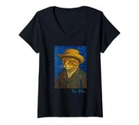 Mujer Van Gogh gato gatito amante autorretrato estilo artista Camiseta Cuello V