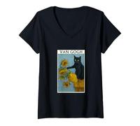 Mujer Van Gogh Gato Negro con Girasoles Gato Divertido Camiseta Cuello V