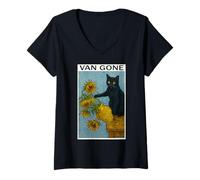 Mujer Van Gogh Gato Negro Con Girasoles Gato Divertido Camiseta Cuello V