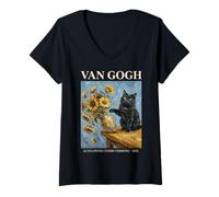 Mujer Van Gogh Sunflowers Cat Art Parody Funny Art Vintage Poster Camiseta Cuello V