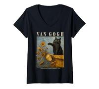 Mujer Van Gogh Sunflowers Cat Art Parody Funny Art Vintage Poster Camiseta Cuello V