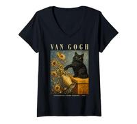 Mujer Van Gogh Sunflowers Cat Art Parody Funny Art Vintage Poster Camiseta Cuello V