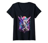 Mujer Vaporwave - Estatua de San Miguel Arcángel, Estilo japonés Camiseta Cuello V