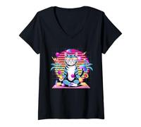 Mujer Vaporwave Retro Synthwave de los 80, Cool Cat, meditando Camiseta Cuello V