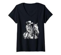 Mujer Vaquera con actitud montando a caballo, arte western oscuro, negro Camiseta Cuello V