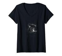 Mujer Vaquero Solitario por fogata con Caballo Noche Camiseta Cuello V