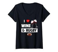 Mujer Vasos para Beber I Love Wine and Rugby para Adultos de Fiesta Camiseta Cuello V