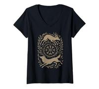 Mujer Vegvisir Viking Brújula Runas Lobo nórdico y Bosque de Ciervos Camiseta Cuello V