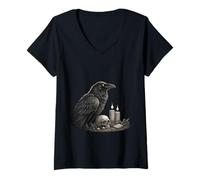 Mujer Velas góticas de Calavera de pájaro Cuervo Cuervo Arte Oculto Camiseta Cuello V