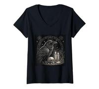 Mujer Velas góticas de Calavera de pájaro Cuervo Cuervo Arte Oculto Camiseta Cuello V
