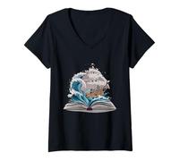 Mujer Velero, en, libro, con, olas Camiseta Cuello V