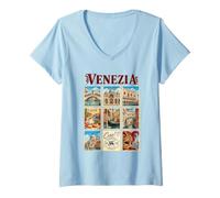 Mujer Venecia Venecia Italia Vintage Travel Collage Veneto Monumentos Camiseta Cuello V