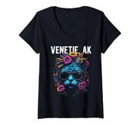 Mujer Venetie Alaska Cat con Gafas de Sol y diseño de Flores Camiseta Cuello V