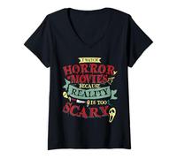 Mujer Veo películas de Terror Porque la Realidad es Demasiado aterradora Halloween Camiseta Cuello V