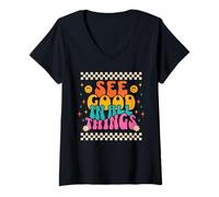 Mujer Ver bien en todas las cosas Retro Estética Groovy Sonrisa Cara Diversión Camiseta Cuello V