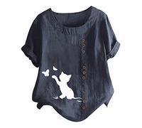 Mujer Verano Algodón Grande Lino Manga Corta Botón Top Cuello Redondo Color Liso Impreso Camiseta Polo Blanco Mujer, azul, XL