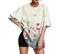 Mujer Verano Casual Holgado Cuello Redondo Plus Size Manga Corta Túnica Top Camiseta con Imagen, beige, S