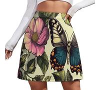 Mujer Verano Mini Falda - Falda Mujer Corta Estilo De Ilustración Retro, Faldas Cortas Sexy Y Elegante con Diseños De Mariposas Y Rosas Silvestres, Tallas Grandes S-4Xl,Verde Oliva