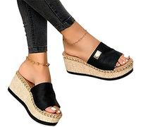 Mujer Verano Plataformas Sandalias, Morbuy Talla Grande Ropa Moda Cómodas Sandalias Cuña Planas Punta Abierta Tacón 5 CM Retro Tejido Antideslizant Plantilla Zapatillas Chanclas (42,Negro)