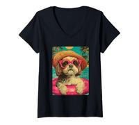 Mujer Verano Shih Tzu con Gafas de Sol Lindo Perro Tropical Fiesta en la Piscina Camiseta Cuello V