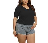 Mujer Verano Sólido Tops Plus Talla Cuello en V Camisetas Manga Corta Tops Sueltos Casual Camisetas Mujer Sudadera con Capucha Vestido, Negro , XL