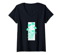 Mujer Verde azulado, aguamarina, flor, envejecido, rayas, verde azulado, aguamar Camiseta Cuello V