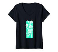 Mujer Verde azulado, aguamarina, flor, rayas, verde azulado, aguamarina, aqua Camiseta Cuello V