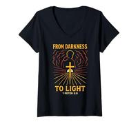Mujer Versículo bíblico de Oscuridad a la Luz Cristiano Pedro 2:9 Born Again Camiseta Cuello V