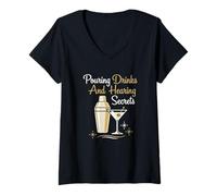Mujer Verter Bebidas y Secretos auditivos Camarero Profesional Camiseta Cuello V