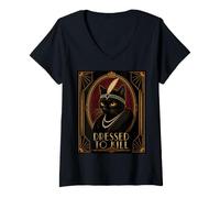 Mujer Vestida para Matar al Gato Negro Art Deco Camiseta Cuello V