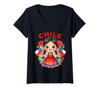 Mujer Vestido Chile Chile con Banderas y Flores para Niños Camiseta Cuello V