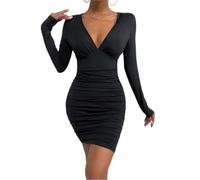 Mujer Vestido Corto Cruzado, Vestido de cóctel Negro Fruncido, Vestidos Ajustado de Manga Larga con Escote en Profundo, Minivestido Ajustado para Fiestas Informales, Discotecas y Raves