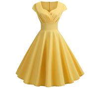 Mujer Vestido de Noche Chic Jointivo con Cinturón Vintage Retro Año 50s Pin-up Rockabilly Swing de Lunares San Manga Chic Y Glamour Vestido de Ceremonia Vestido de Cóctel Fiesta, amarillo, L